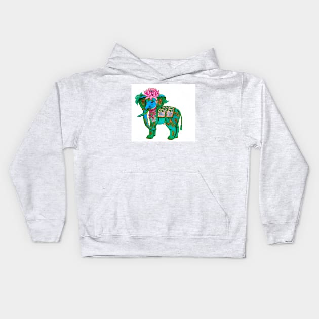 Green elephant with pink lotus flower Kids Hoodie by SophieClimaArt